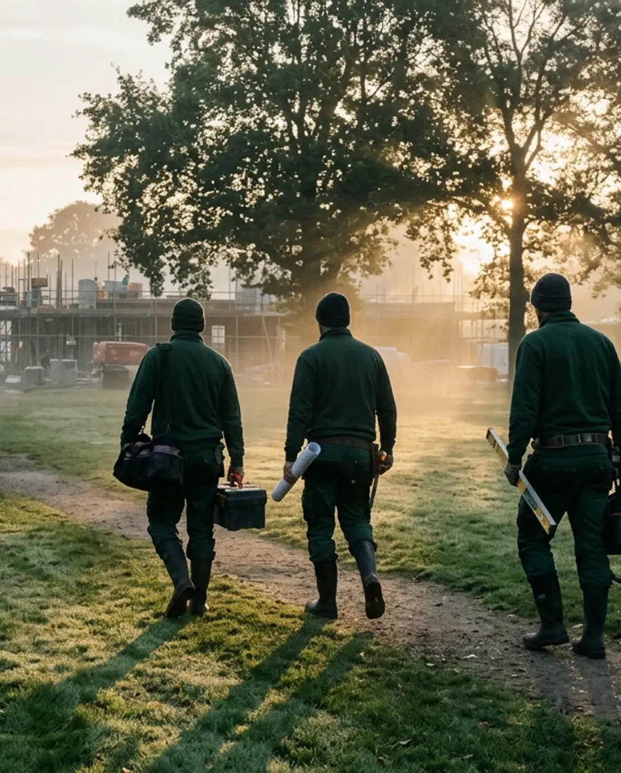 A V.O.S. crew in dark green workwear walking toward a job site at sunrise