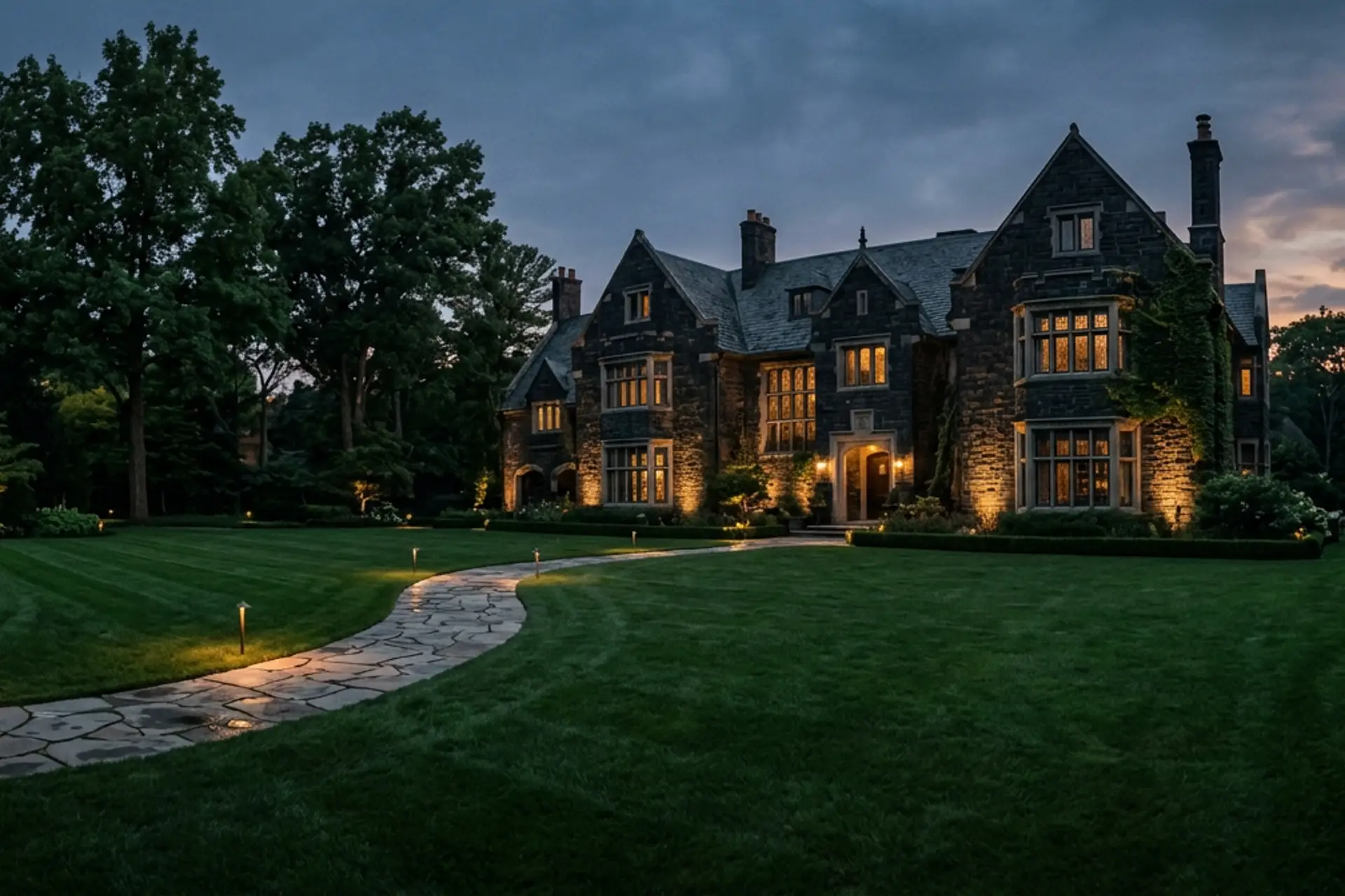 A private Ontario estate at dusk with edged lawn, stone walkway and warm landscape lighting